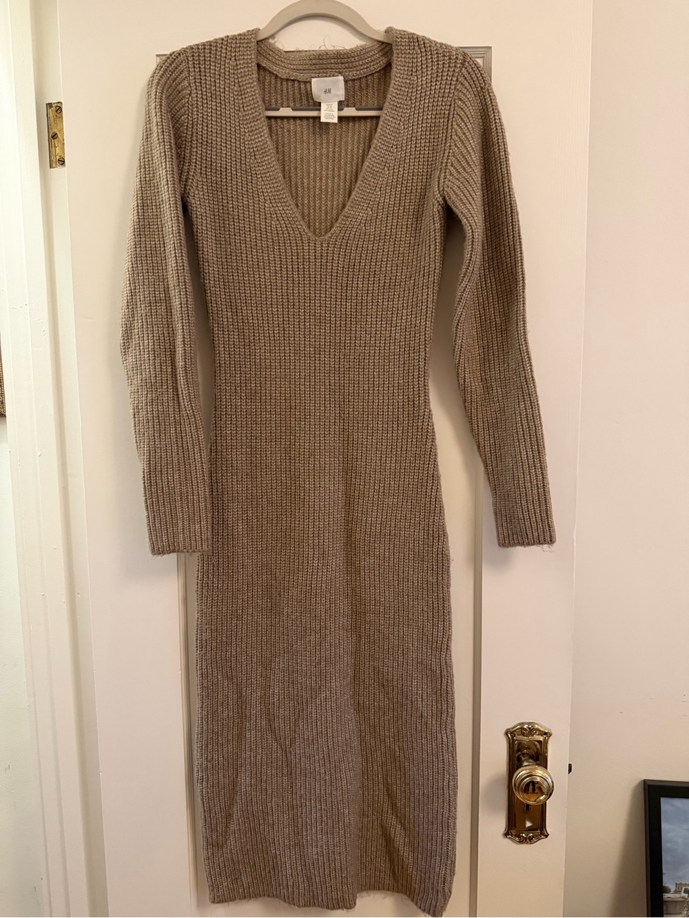 H&M Taupe Ribbed V-Neck Long Sleeve MIDI Knit Dress